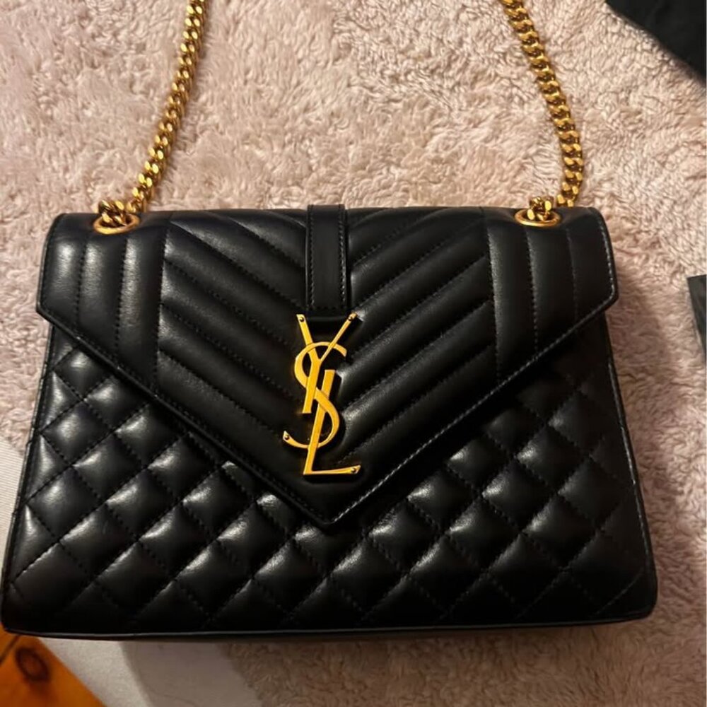 Saint Laurent Medium Envelope Black Handbag Lambskin Quilted Gold chain